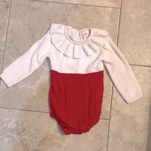 Red and white color block bodysuit sweater